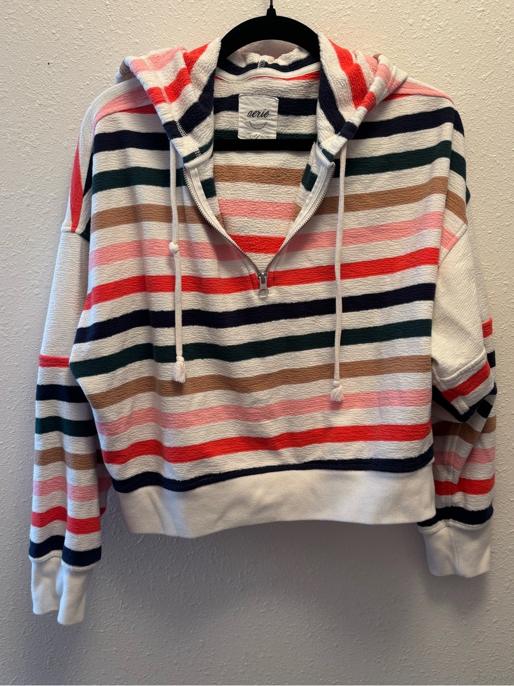 aerie Striped Half-Zip Hoodie in Pink, Navy & Cream